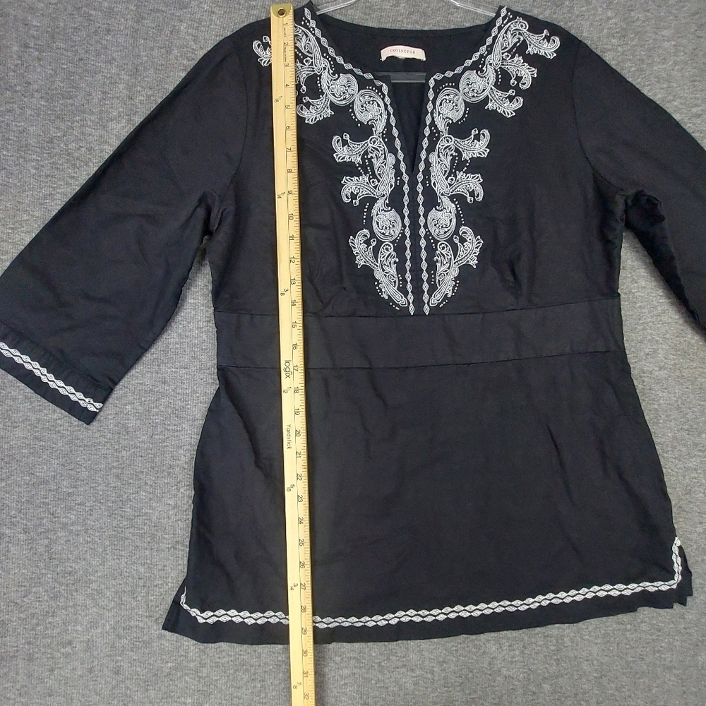 COVINGTON WOMEN BLACK WHITE EMBROIDERED BEADED LINEN BLEND 3/4 SLEEVE BOHO TOP M - Picture 4 of 7